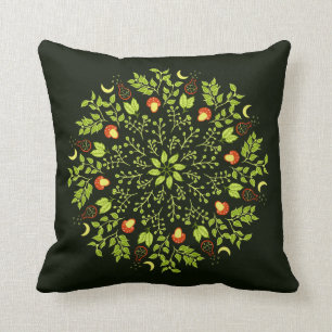 Green witch potion mushroom leaves plants mandala throw pillow