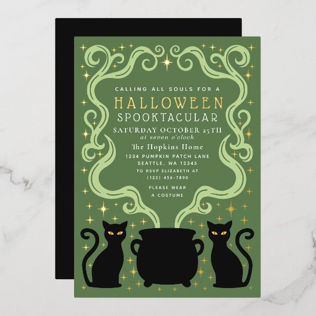 Green Witchy Black Cat Cauldron Halloween Party (Front/Back)