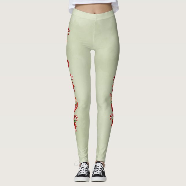 Green with Christmas Cocoa and Candy Canes Leggings (Front)