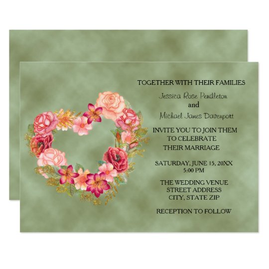 Green with Floral Heart Wreath Wedding Invitation