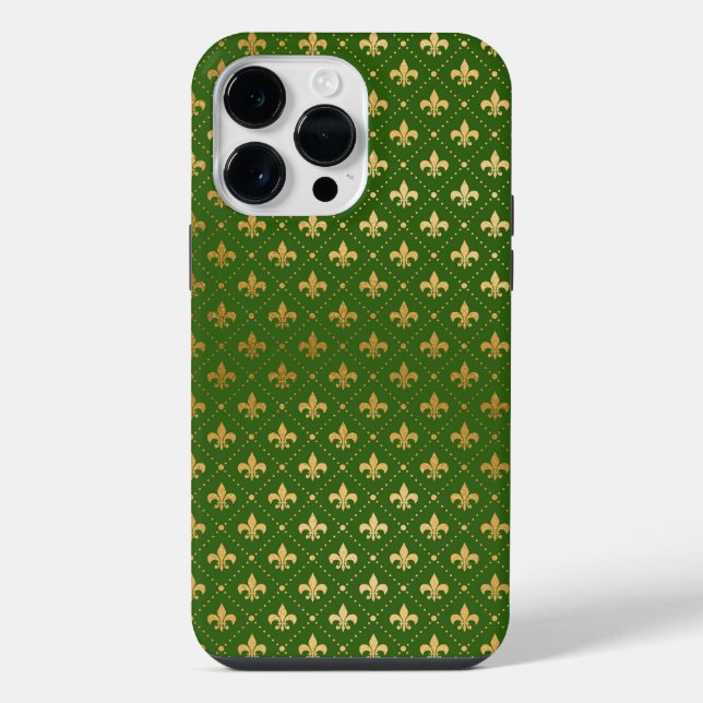 GREEN WITH GOLD FLEUR DI LIS PATTERN iPhone CASE (Back)