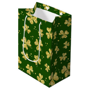 GREEN WITH GOLD GLITTER LOOK SHAMROCKS MEDIUM GIFT BAG
