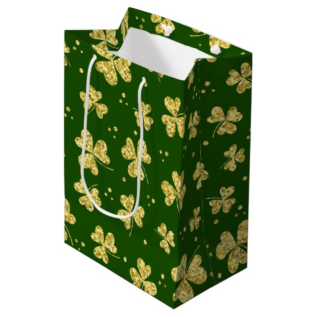 GREEN WITH GOLD GLITTER LOOK SHAMROCKS MEDIUM GIFT BAG (Front Angled)