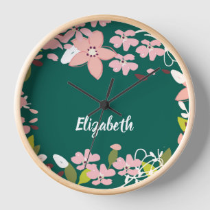 Green with Pink Flowers Personalized Clock