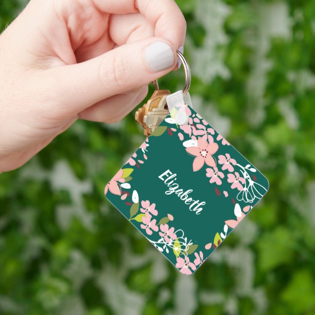Green with Pink Flowers Personalized Keychain (Hand)