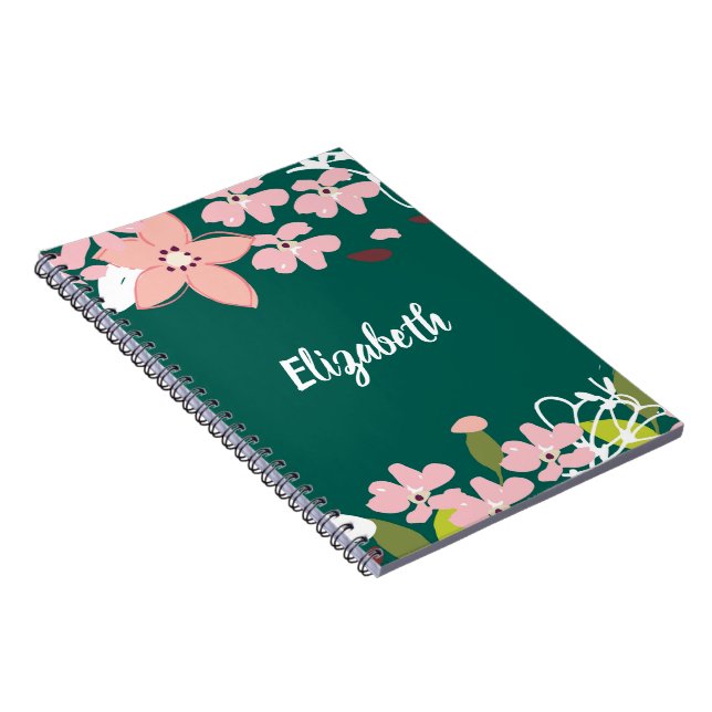 Green with Pink Flowers Personalized Notebook (Right Side)