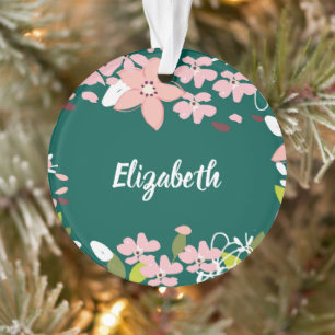 Green with Pink Flowers Personalized Ornament