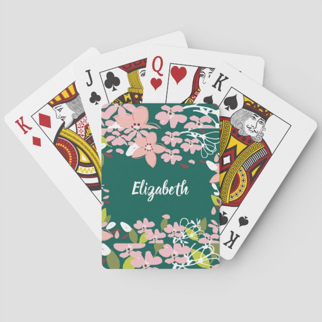 Green with Pink Flowers Personalized Playing Cards (Back)