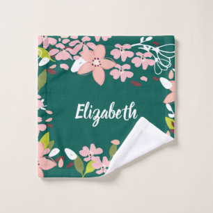 Green with Pink Flowers Personalized Wash Cloth