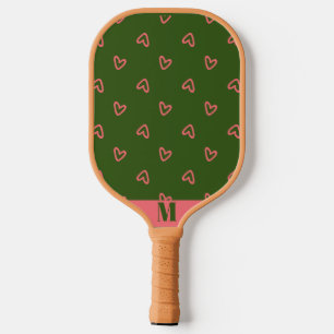 Green with Pink Hearts Modern Monogram Pickleball Paddle