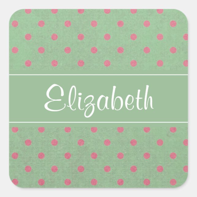 Green with Pink Polka Dots Personalized Square Sticker (Front)