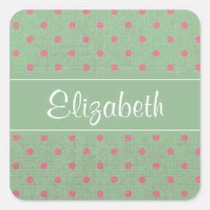 Green with Pink Polka Dots Personalized Square Sticker