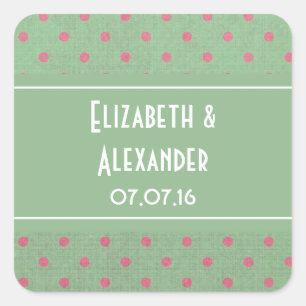 Green with Pink Polka Dots Wedding Favour Square Sticker