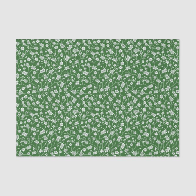Green with Tiny White Flowers Tissue Paper (Front)
