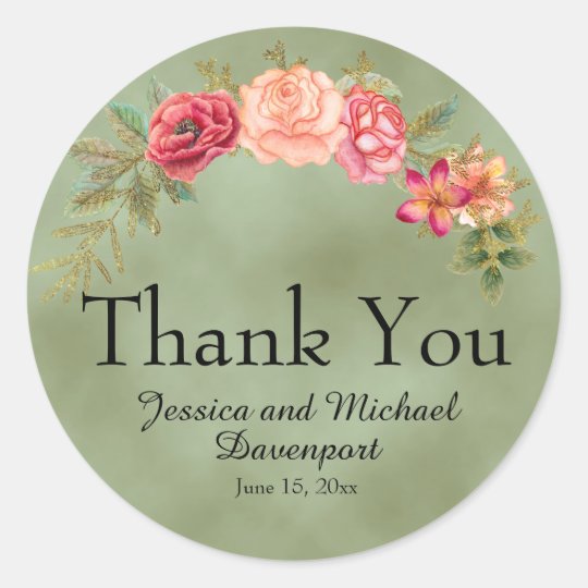 Green with Watercolor Floral Thank You Classic Round Sticker