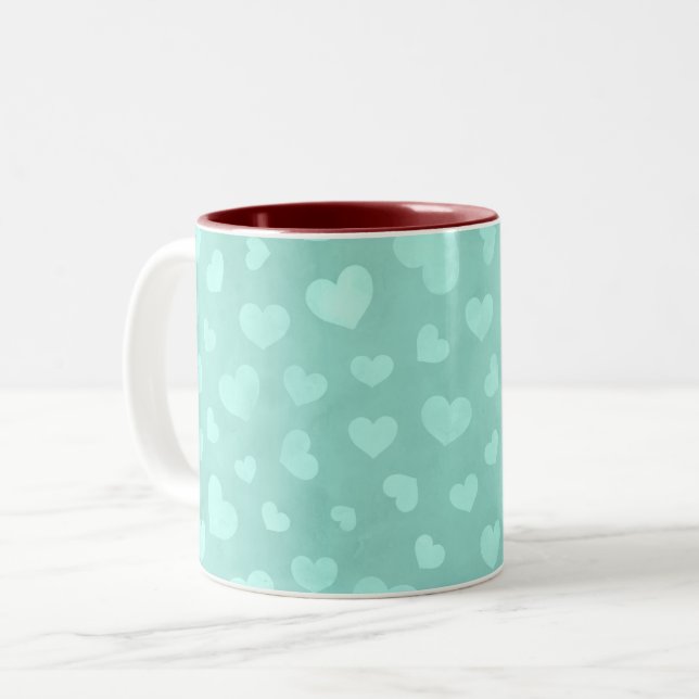Green with white hearts & maroon interior  Two-Tone coffee mug (Front Left)