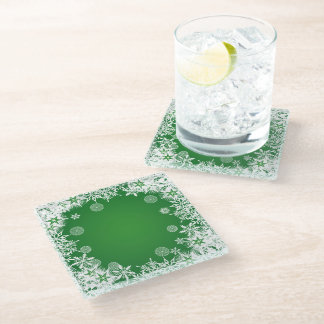 GREEN WITH WREATH OF WHITE WINTER SNOWFLAKES GLASS COASTER