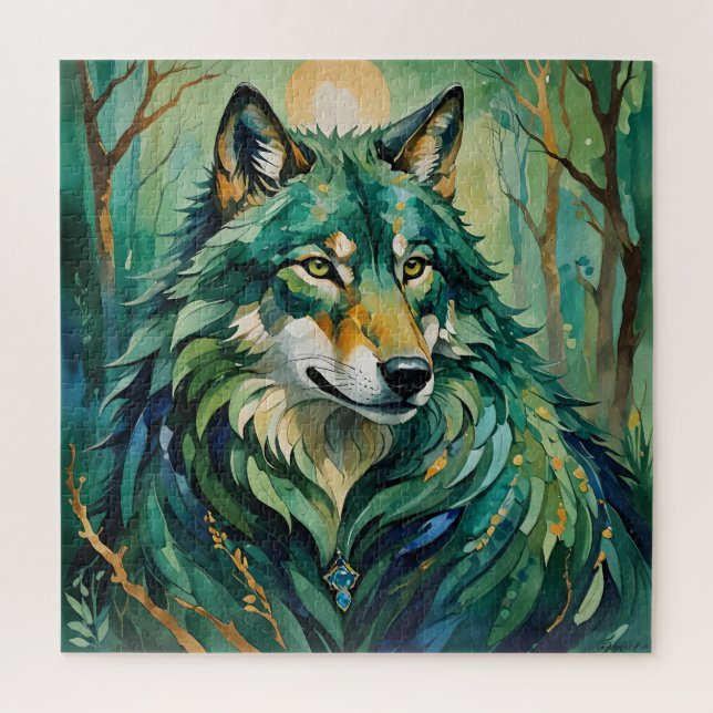 Green Wolf in the Forest Puzzle (Vertical)