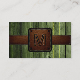 Green Wood Brown Leather Look Monogram Business Card