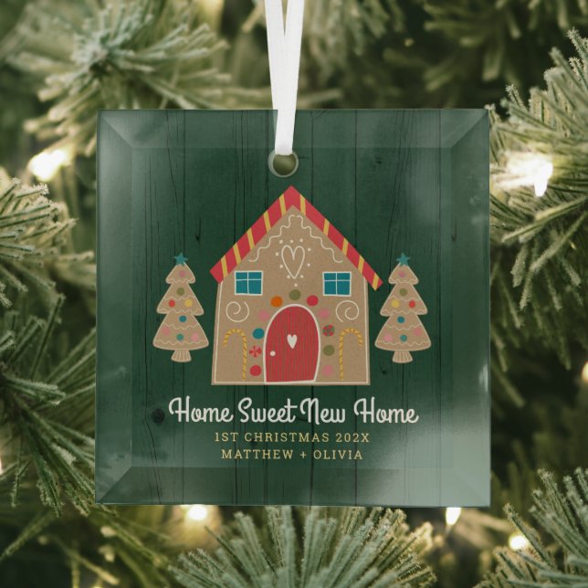 Green Wood Gingerbread New Home First Christmas Glass Ornament (Insitu)
