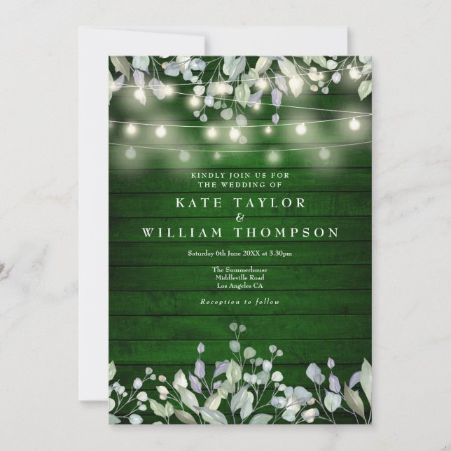 Green Wood String Lights Greenery Floral Wedding Invitation (Front)