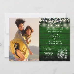 Green Wood String Lights Jars Floral Photo Wedding Invitation