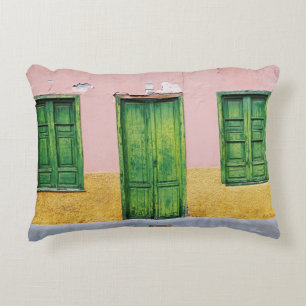 GREEN WOODEN DOOR ON WHITE CONCRETE WALL ACCENT PILLOW