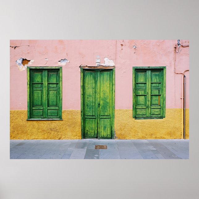 GREEN WOODEN DOOR ON WHITE CONCRETE WALL POSTER (Front)