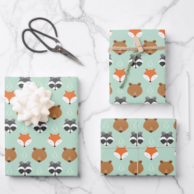 Green Woodland Animal Wrapping Paper Sheet (Front)
