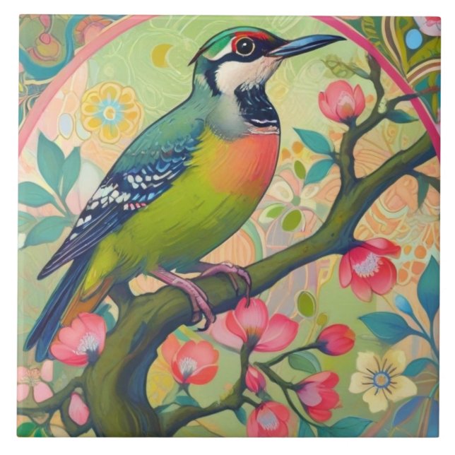Green Woodpecker Bird Oriental Asian Pink Floral Tile (Front)