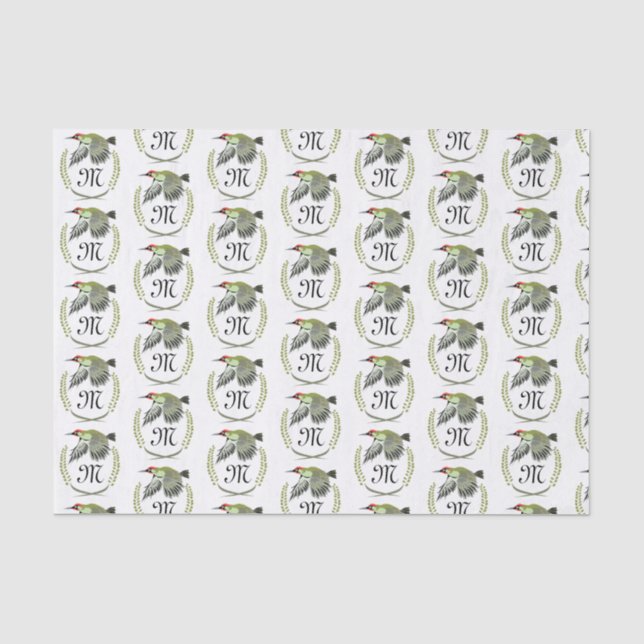 Green Woodpecker in Flight Monogram Tissue Paper (Front)