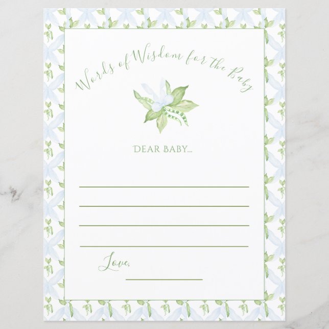 Green Words of Wisdom Sweet Pea Baby Shower Game (Front)