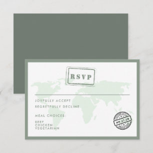Green World Map Destination Wedding Date Stamp RSVP Card