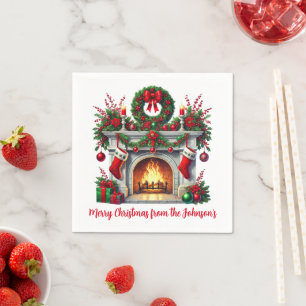 Green Wreath and Christmas Fireplace Napkin