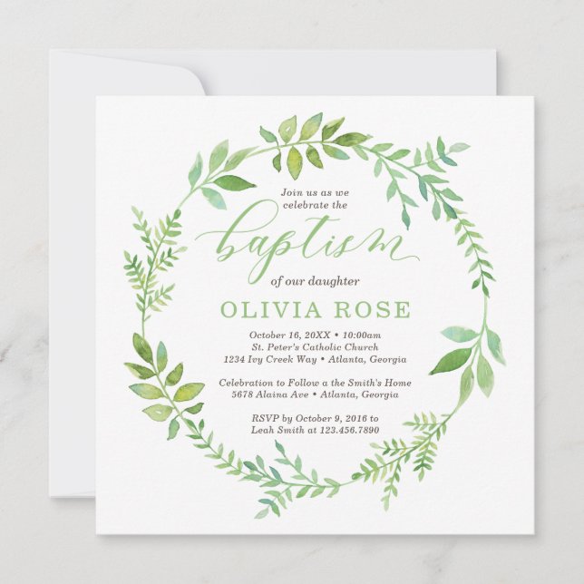 Green Wreath Baptism Invitation, BOHO Invitation (Front)