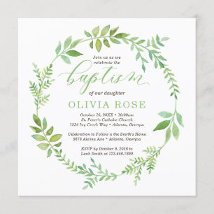 Green Wreath Baptism Invitation, BOHO Invitation