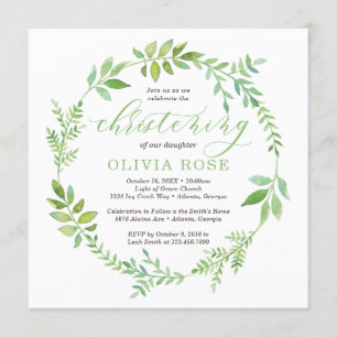 Green Wreath Christening Invitation, BOHO Invitation