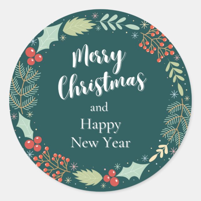 Green Wreath Floral Simple Merry Christmas  Classic Round Sticker (Front)