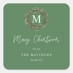Green Wreath Monogram Merry Christmas Gift Square Sticker