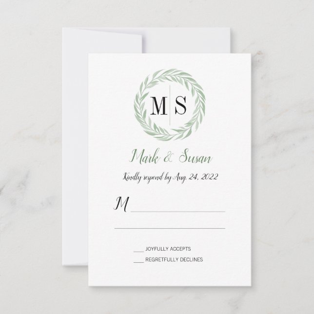 Green Wreath Monogram Wedding RSVP (Front)