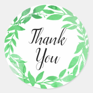 Green Wreath Watercolor Thank you Script Font Classic Round Sticker