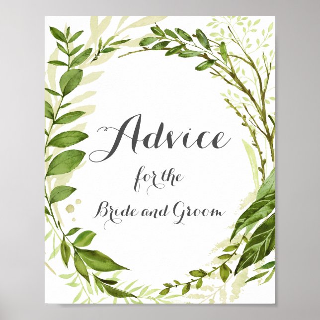 Green Wreath Wedding Advice Sign Poster, Rustic (Front)