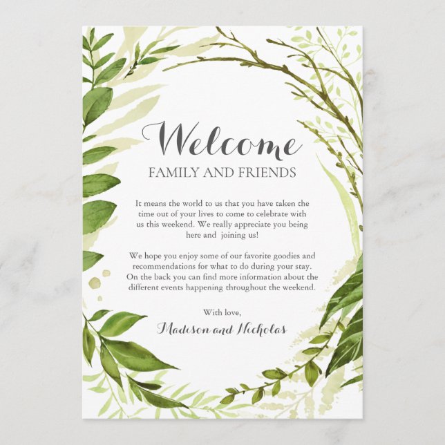Green Wreath Wedding Hotel Welcome Cards, Rustic Program (Front)