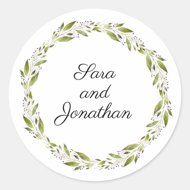 Green Wreath with Burgundy Flowers | Wedding Classic Round Sticker (Front)
