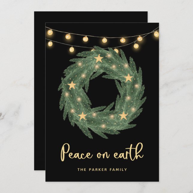 Green Wreath with Gold String Lights on Black Holiday Card (Front/Back)