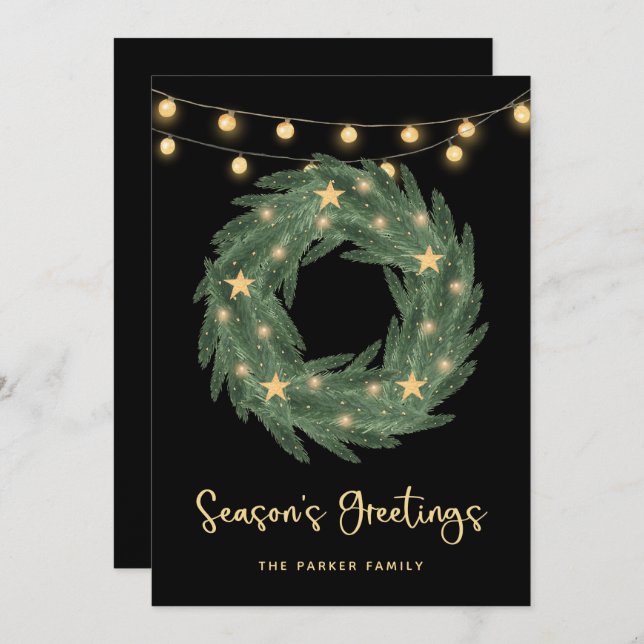 Green Wreath with Gold String Lights on Black Holiday Card (Front/Back)