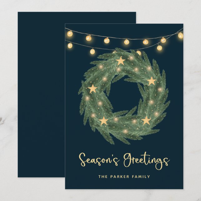 Green Wreath with Gold String Lights on Blue Holiday Card (Front/Back)