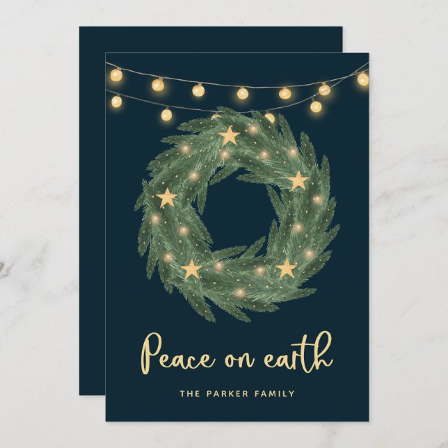 Green Wreath with Gold String Lights on Blue Holiday Card (Front/Back)