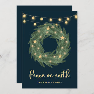 Green Wreath with Gold String Lights on Blue Holiday Card