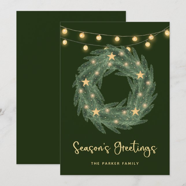 Green Wreath with Gold String Lights on Green Holiday Card (Front/Back)